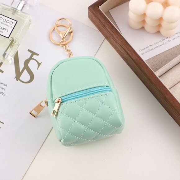 Women's Cute Mini Zipper Leather Cosmetic Light Green Key Chains Keyrings Bag - Picture 2 of 7